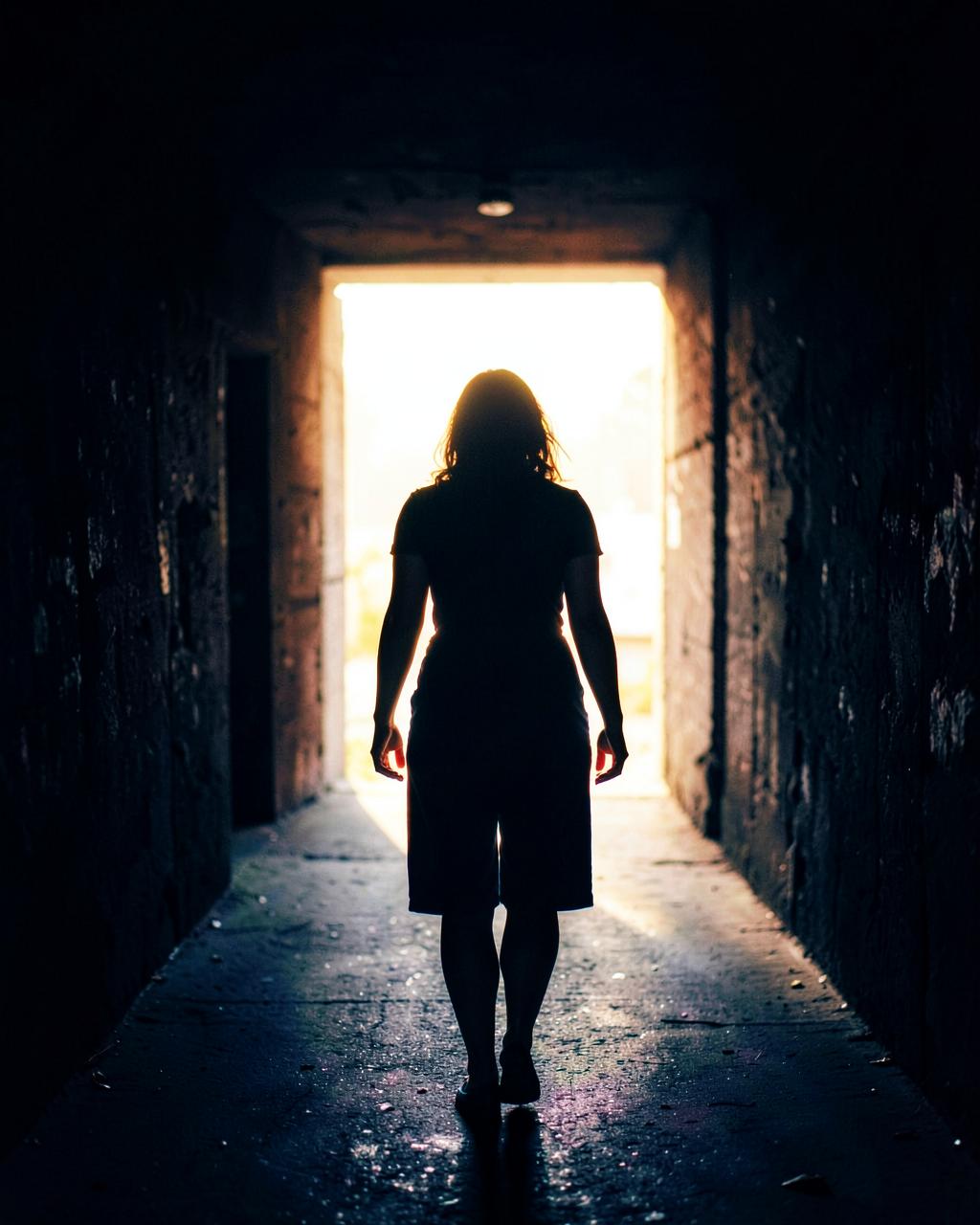 Mulher caminhando em direção à luz ao final de um corredor